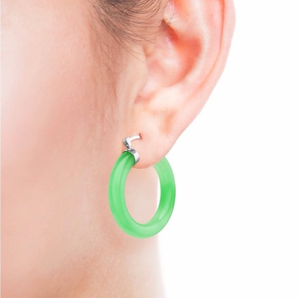 Green Jade Polished Cap Small Hoop Earrings in Sterling Silver 1" - Picture 4 of 4